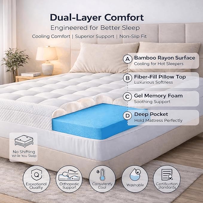 ELEMUSE 3 Inch Dual Layer King Memory Foam Mattress Topper,Cooling Memory Foam & Plush Pillow Top Pad, Luxury Pressure Relief Bed Topper for Master Bedroom, Breathable Comfortable Support for Couples