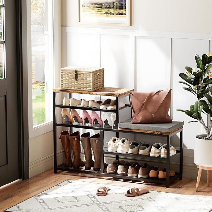 Shoe Rack,Freestanding Hidden Shoe Storage Organizer for Entryway, Shoe Bench Shelves for High Boot with Seat Cushion,Wood Shoe Rack Cabinet for Front Door Entrance Closet, Hallway, 5 Tier,Brown