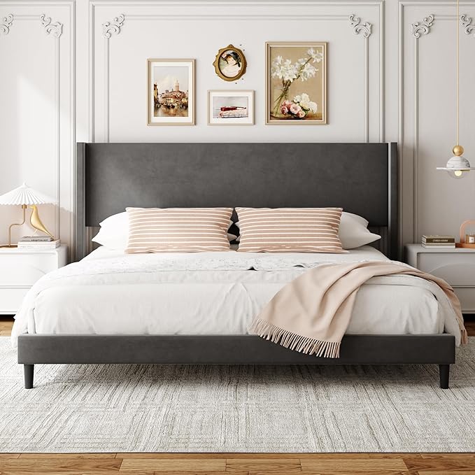 Sismplly King Bed Frame with Wingback Headboard, Velvet Upholstered Platform Bed with Wooden Slats, 6.46“ Under Bed Storage, Metal Support, Noise Free, No Box Spring Needed, Gray