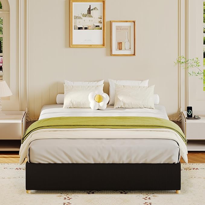 GarveeHome Full Size Cloud Bed Frame，Corduroy Low Bed Frame Without Headboard, Thick Fabric Upholstered Platform Bed, Solid Wood Legs, No Box Spring Needed, Never Squeak, Easy Assembly, Black