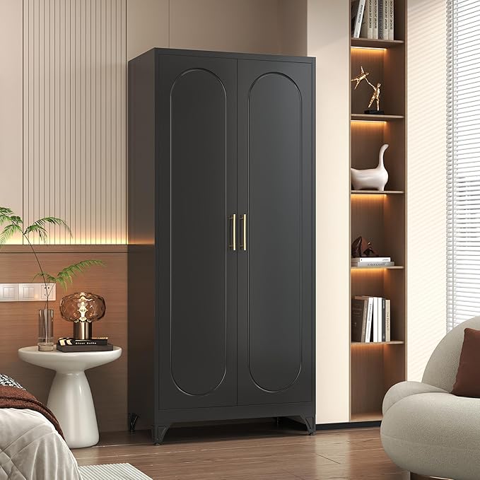 Polup Metal Armoire Wardrobe Closet with Doors and Shelves, 71" Tall Wardrobe Closet with Hanging Rod, Freestanding Clothes Cabinets, Large Wardrobes for Bedroom, Home Office, Employee, Black