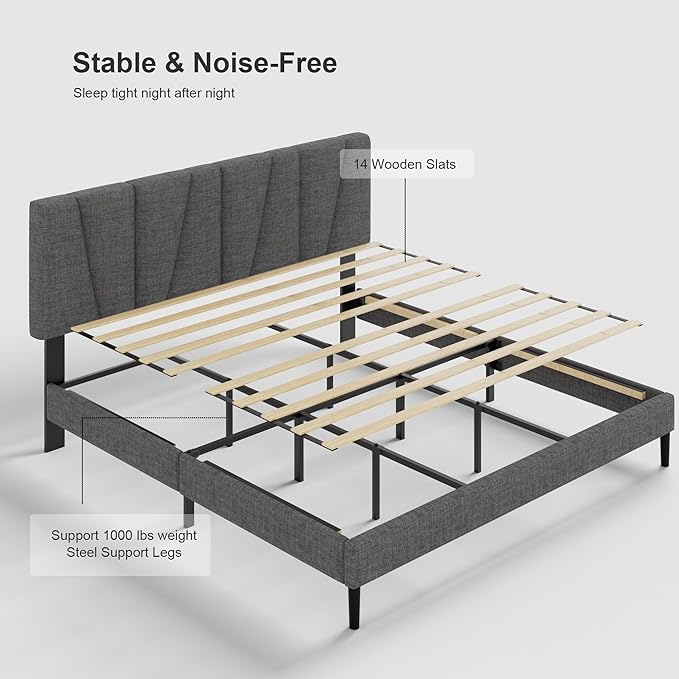 HAOARA King Size Bed Frame with Fabric Upholstered Headboard, Platform Bed with Wooden Slats Support, Fully Mattress Foundation, Box Spring Optional, Easy Assembly