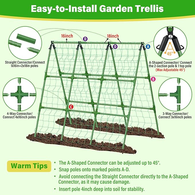 53x51 Inch Cucumber Trellis for Raised Bed, Adjustable A-Frame Garden Trellis for Climbing Plants Outdoor with Climbing Net, Meal Plant Trellis for Vegetables Pea Bean Tomato Grape Squash
