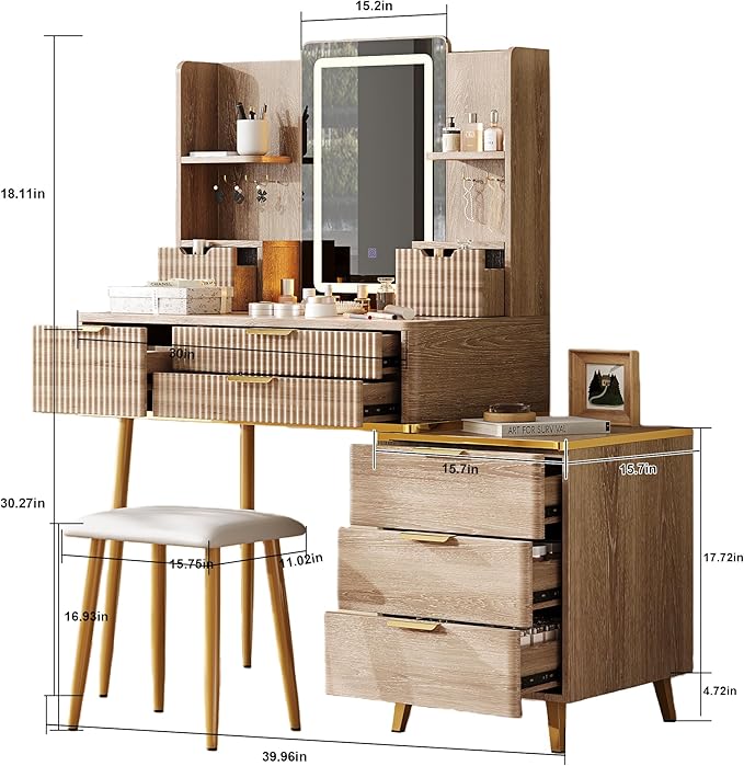 Casaphoria Vanity Desk with LED Mirror & 7 Drawers, Fluted Yellow Brown Dressing Table with Stool for Bedroom Makeup & Jewelry Storage