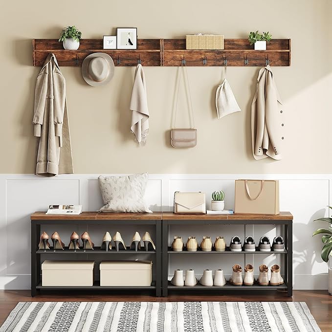 HOOBRO Shoe Bench, 3-Tier Shoe Rack Bench with Oxford Fabric Shelves, 29.5" L Industrial Shoe Storage Organizer for Hallway, Living Room, Holds Up to 300 lb, Space-Saving, Rustic Brown BF77HX01