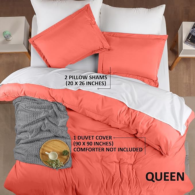 Utopia Bedding Duvet Cover Queen Size - 3 Piece with Zipper Closure - 1 Comforter Cover 90X90 Inches & 2 Pillow Shams 20X26 Inches (Coral) Comforter Not Included