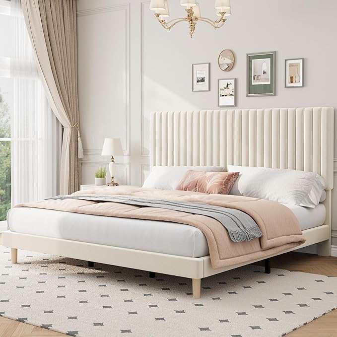 IDEALHOUSE King Bed Frame with Adjustable Headboard, Velvet Upholstered Platform King Size Bed Frame, Vertical Channel Tufted, Strong Wooden Slats, No Box Spring Needed, Easy Assembly, Beige