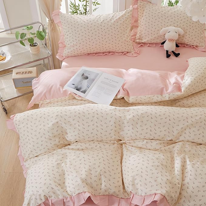 mixinni Pink Floral Duvet Cover Set Full Size – 100% Cotton Ruffle Lace Bedding, Romantic Blushing Flower Print, Reversible Striped Pattern, Cottagecore Soft Aesthetic Princess Bedding for Girls