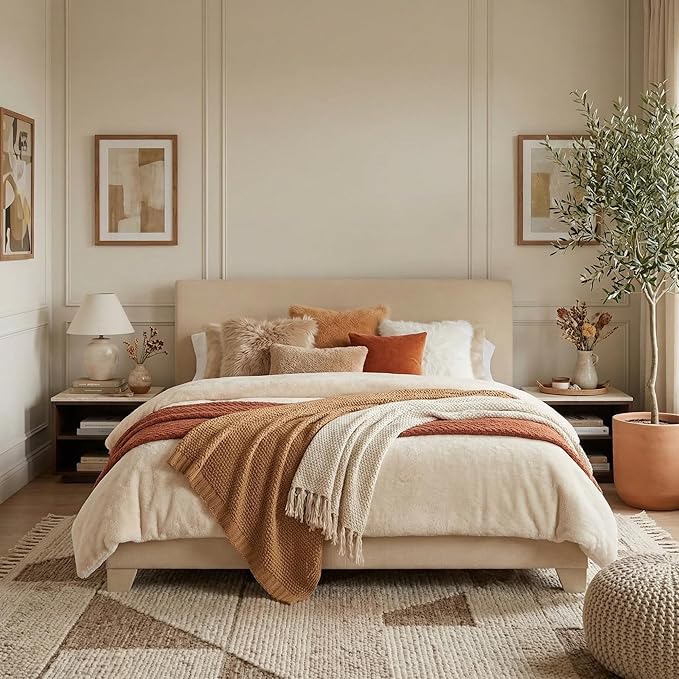 SHA CERLIN Upholstered Queen Size Bed Frame with Adjustable Headboard, Stable Mattress Foundation, Strong Back-Support, No Box Spring Needed, Beige