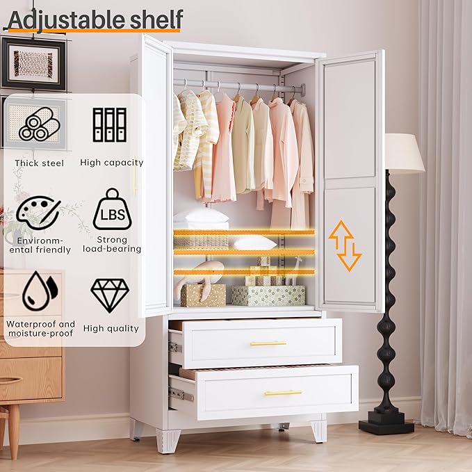 RIETERN Metal Armoire Wardrobe Closet, 71" Tall Bedroom Closet with Mirror, 2 Drawers, Adjustable Shelves, and Hanging Rod, Steel Clothes Closets and Storage, for Bedroom White