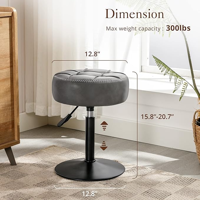 LUE BONA Height Adjustable Vanity Stool 15.8"-20.7", 360° Swivel Gray Faux Leather Chair, 300lb Capacity for Makeup Room, Bathroom
