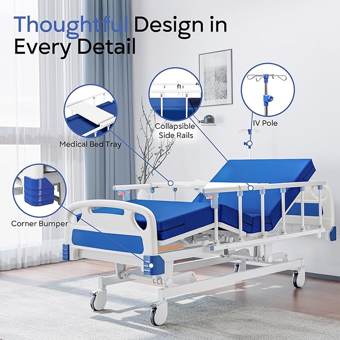 Premium Full Electric Hospital Bed for Home Use, 3 Function Medical Bed with 4.7” Foam Mattress, Height Adjustable, Individual Locking, Includes Tray and Sheets (2X) (3 Function)