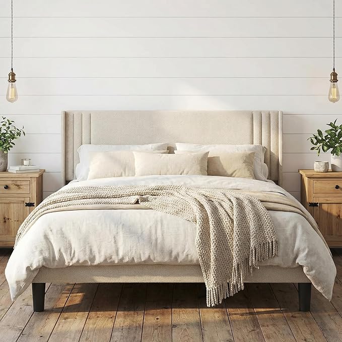 Gizoon Queen Bed Frame with Wingback Headboard, Upholstered Platform Bed, Wooden Slats, Noise-Free, No Box Spring Needed, Easy Assembly