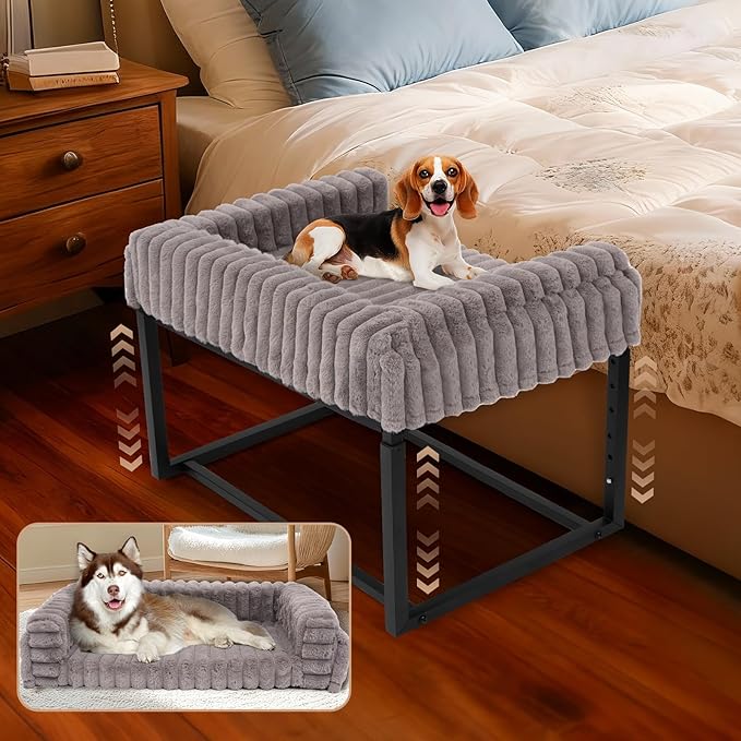 Beside Dog Bed,Adjustable Height Dog Bunk Beds,27.5''x 18''Metal Dogs Bed Frame with Washable Removable Corduroy Cover,Memory Foam Pet Bed with Sides,Medium