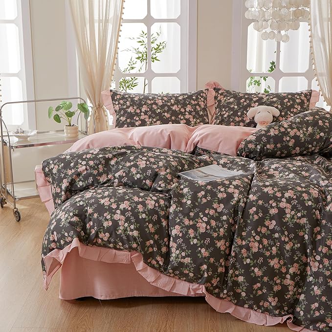 mixinni Vintage Floral Duvet Cover Set Twin Size – 100% Cotton Ruffle Lace Bedding, Pink Rose Flower and Green Leaf Print, Reversible Stripes Pattern, Grandmillennial Cottagecore Aesthetic 3Pcs