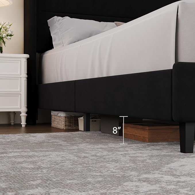 Garvee Queen Size Bed Frame with Wingback Headboard, Velvet Upholstered Platform Bedframe with Wood Slats, No Box Spring Needed, Easy Assembly, Black