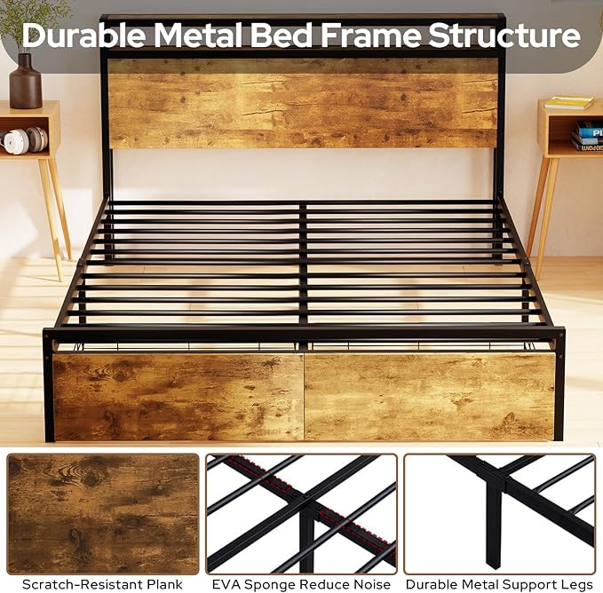 Zevemomo Full Bed Frame with Drawers, Bed Frame Full with LED Lights, Charging Station with 3 USB Ports & 1 Type-C Port, Full Platform Bed Frame with Headboard, No Noise, Rustic Brown