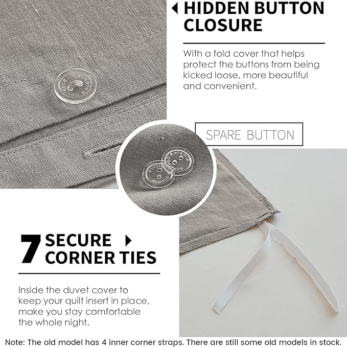 Simple&Opulence 100% Linen Duvet Cover Set 3pcs Basic Style Natural French Washed Flax Solid Color Soft Breathable Farmhouse Bedding with Button Closure - Dove Grey, Queen