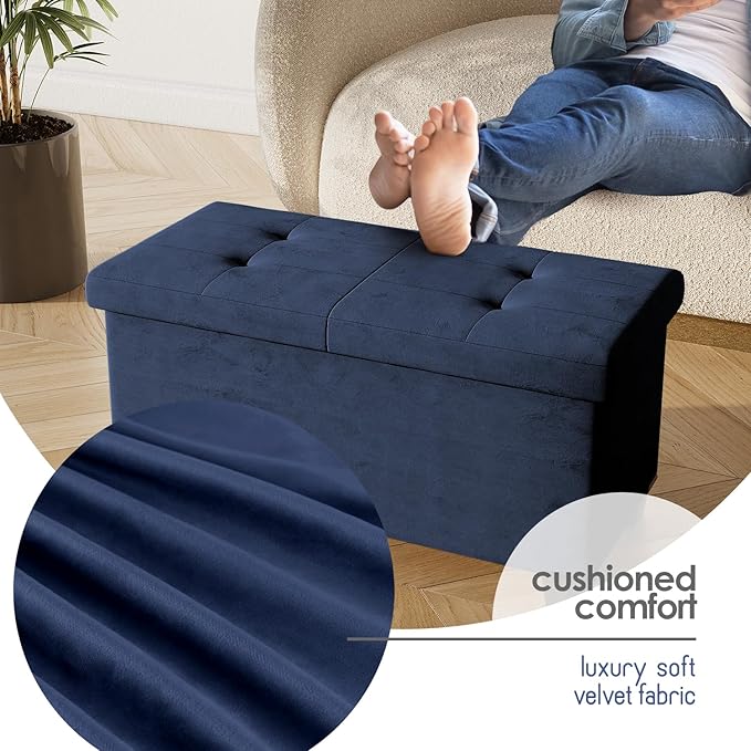 Storage Ottoman Bench with Bins, 30-in Storage Bench for Bedroom End of Bed, Folding Foot Rest Ottoman for Living Room Max 660lbs, Velvet Ottomans, Blue