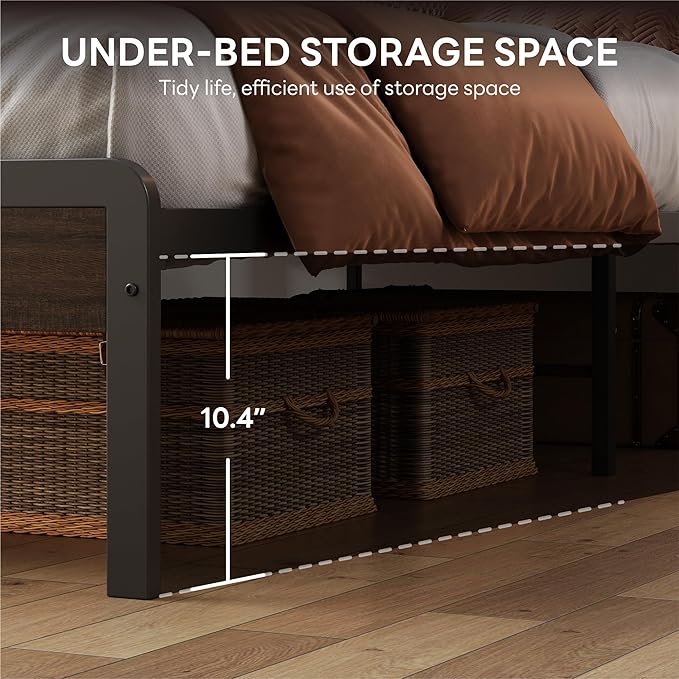 LIKIMIO Queen Bed Frame with Headboard, Dark Wood Camas Queen with Strong Supports, Sturdy, Noise-Free, No Box Spring Needed, Dark Brown