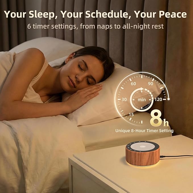 Kipcush White Noise Machine - Soft Non-Glare Nursery Lamp, 30 Soothing Sounds, 8 Color Lights, Max 8-Hour Timer for Baby & Adults (Walnut Wood, Standard)