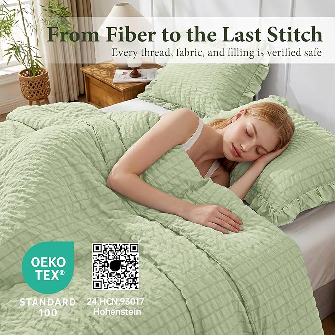 JOLLYVOGUE Sage Green Queen Comforter Set, 3 Pieces Seersucker Comforters Queen Size, Lightweight & Fluffy Bedding Sets Queen for All Season with 1 Ruffle Comforter and 2 Ruffle Pillowshams
