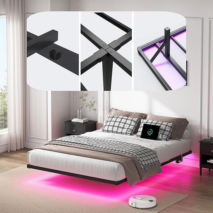 YORMDMO Floating Bed Frame Queen Size, Heavy Duty Bedframe with Smart LED Lights & Charging Station, Modern Metal Platform Bed, Easy Assembly No Box Spring Needed, 10 Inch