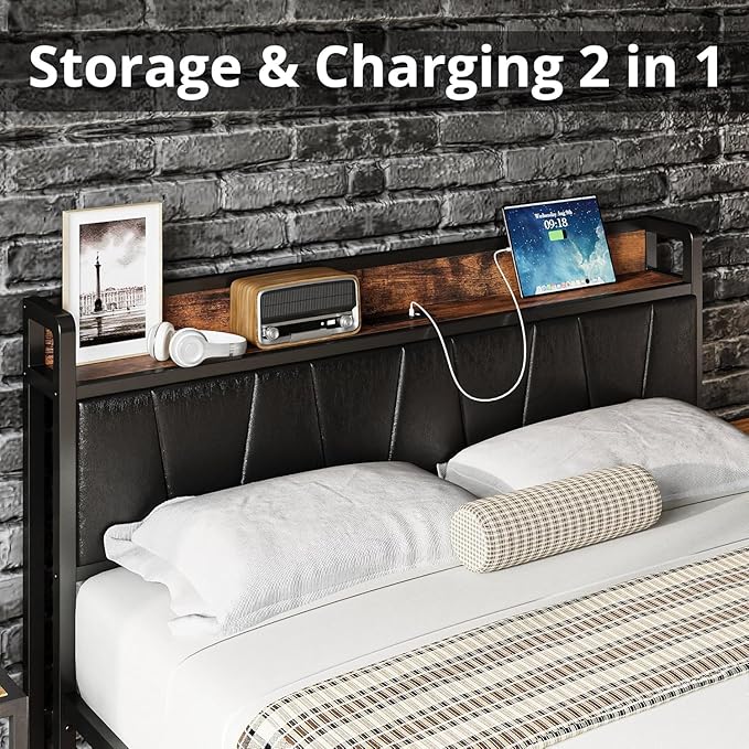 LIKIMIO Full Size Bed Frame, Storage Headboard with Charging Station, Platform Bed with Drawers, No Box Spring Needed, Easy Assembly, Industrial Brown and Black