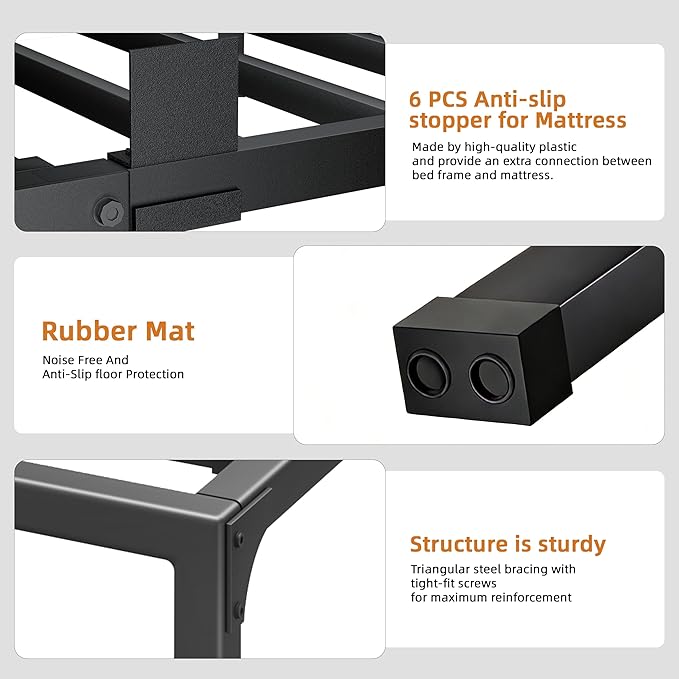 Twin XL Bed Frame, 14 Inch Metal Platform Bed Frames with Squeak Free U-Slot Design, 6 Non-Slip Guards, 3500lbs Heavy Duty Steel Slat Support, No Box Spring Needed, Under Bed Storage, Black