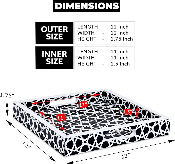 Handicrafts Home 12x12 Ottoman Tray with Handles, Black White Zellij Pattern Decorative Tray, Wood & Resin Inlay Square Coffee Table Serving Tray for Centerpiece, Vanity, Boho Modern Home Decor