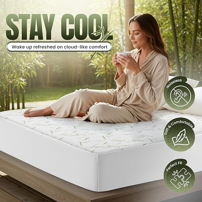 Utopia Bedding Waterproof Mattress Protector Twin Size Bed, Premium 200 GSM Bamboo Viscose Cooling Mattress Cover, Soft and Breathable, Fitted Style with 15 Inches Deep Stretchable Pockets