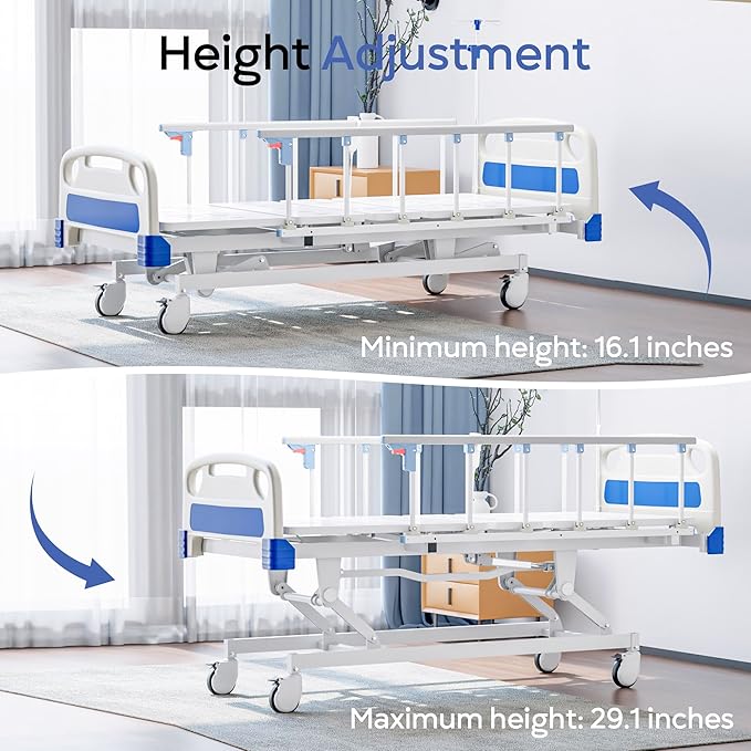 Premium Full Electric Hospital Bed for Home Use, 3 Function Medical Bed with 4.7” Foam Mattress, Height Adjustable, Individual Locking, Includes Tray and Sheets (2X) (3 Function)