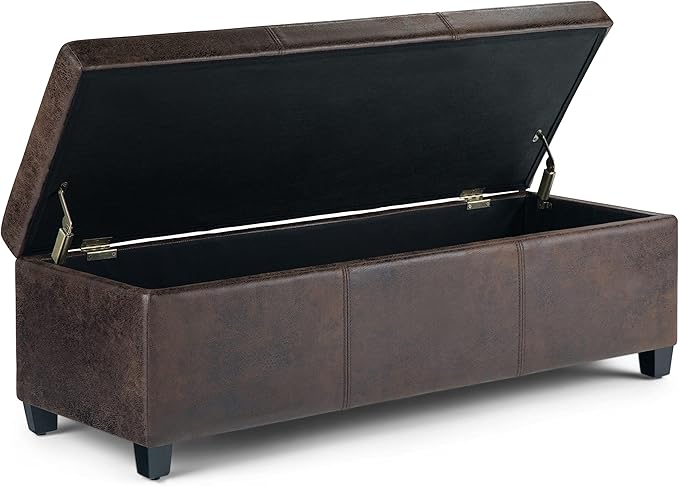 SIMPLIHOME Avalon Storage Ottoman Bench - 48" Wide x 16" High Upholstered Vegan Leather Rectangular Lift-Top Ottoman in Distressed Brown, Contemporary Bench for Living Room with High-Density Foam