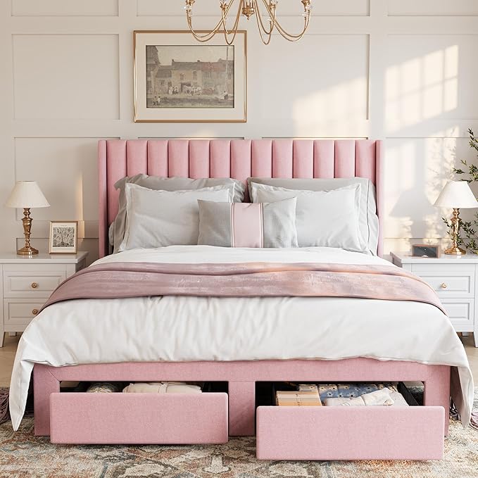 GarveeHome Full Size Bed Frame, Bed Frame Upholstered Platform Bed with Velvet Headboard, Wing Edge Design, 2 Storage Drawers, No Box Spring Needed, Pink