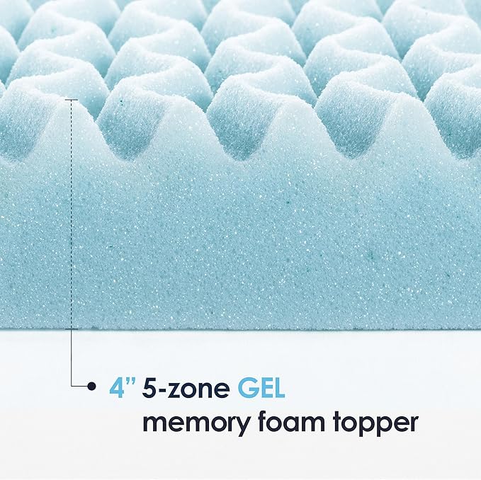 Mellow 4 Inch 5-Zone Memory Foam Mattress Topper, Cooling Gel Infusion, Dorm Essentials, Twin XL Blue