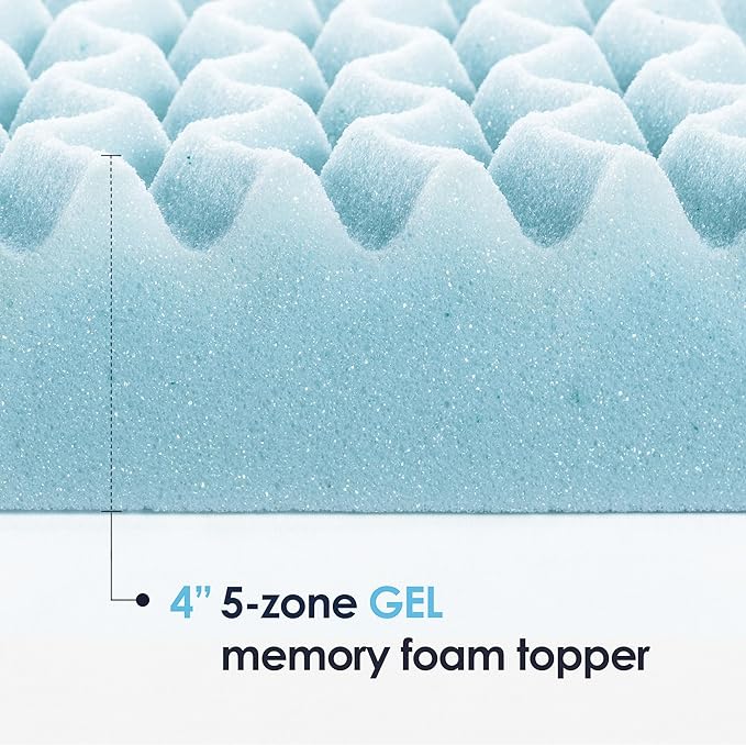Mellow 4 Inch 5-Zone Memory Foam Mattress Topper, Cooling Gel Infusion, Dorm Essentials, Short Queen Blue