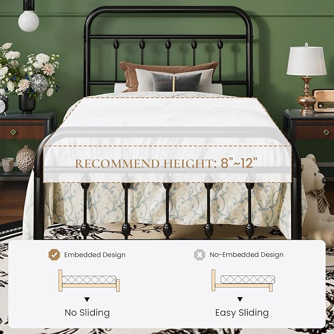 SHA CERLIN Twin Size Metal Platform Bed Frame with Victorian Style Iron-Art Headboard and Footboard, Easy Assembly, Under Bed Storage, No Box Spring Required, Black
