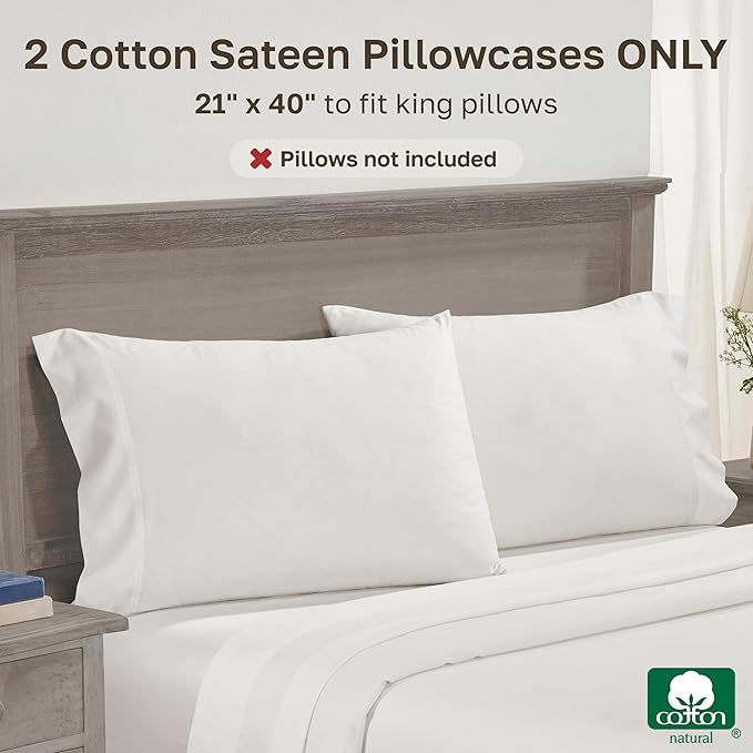 California Design Den Luxuriously Soft 100% Cotton Pillowcases King Size Set of 2-600 Thread Count Sateen Pillow Cover Pair, Fits King Pillows - True Ivory