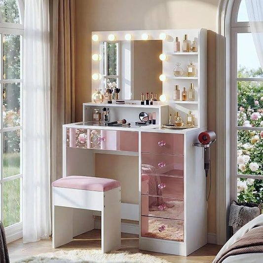 Vanity Desk with Glass Top and Mirror, Modern Makeup Vanity with Pink Finish Drawers & Shelves, Velvet Cushioned Stool with Hidden Storage, Vanity Table for Small Space