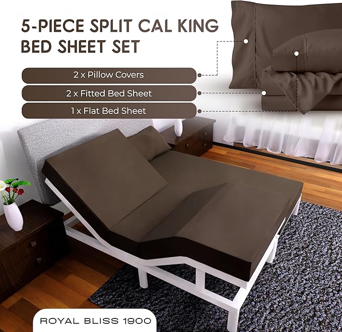 Split California King Sheets Sets - 5 Pcs Set - Split California King Sheets Sets for Adjustable Bed Cal King Split Sheets for Adjustable Bed Split California King Sheets (Chocolate)