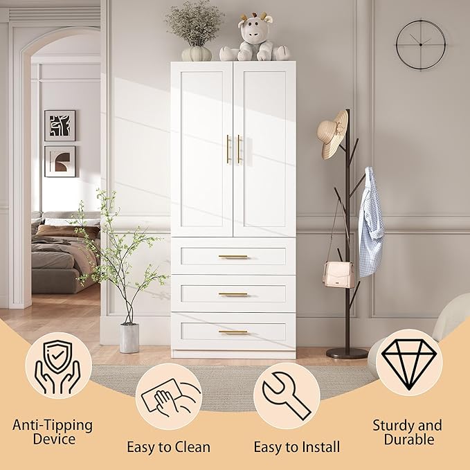 White Wardrobe with 2 Doors: 75" Tall Armoire Wardrobe Closet with 3 Drawers, Bedroom Armoires for Hanging Clothes, Wooden Closet Storage Cabinet with Shelves (Modern, 1)
