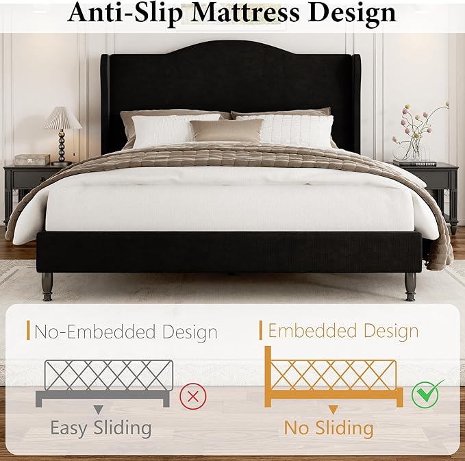 Queen Size Bed Frame with Wingback Headboard, Upholstered Velvet Platform Bed Frame Easy Assemnly, Heavy Duty Wooden Slats Support, Noise-Free, No Box Spring Needed, Minimalist Style, Black