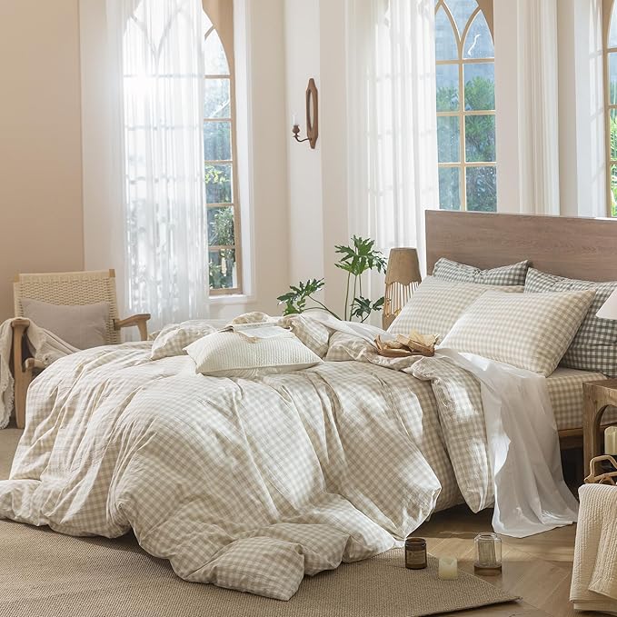MooMee Gingham Duvet Cover Set 100% Washed Cotton Linen Like Textured Breathable Durable Soft Comfy Modern Checkered Design (Almond Milk Grey Gingham, Queen 90"x90")