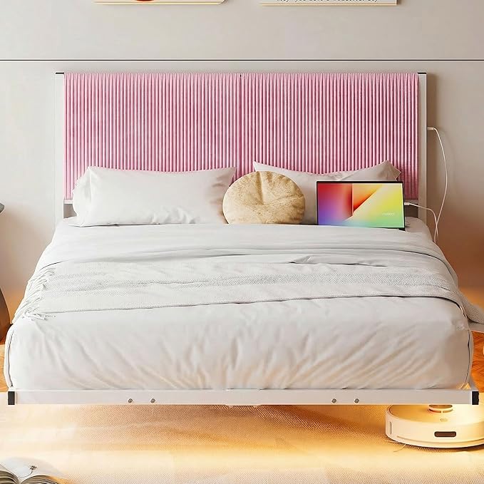 Full Size Floating Bed Frame with LED Lights & USB Charging Station,Metal Bed Frame Full Size with Upholstered Headboard,Platform Mattress Foundation,No Box Spring Needed,Easy Assembly,Pink