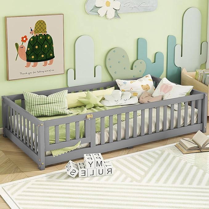 Bellemave Twin Floor Bed with Slats and Safety Guardrails, Kids Montessori Floor Beds with Fence and Door, Easy Assemble Floor Bed for Kids, Girls, Boys, Gray