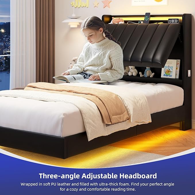 Twin Size Floating Bed Frame with Ergonomic Hidden Storage Headboard and LED Light,Visual Floating Bed Frame with Charing Station,Leather Upholstered Platform Bed for Kids/Boys/Girls,Heavy Duty,Black