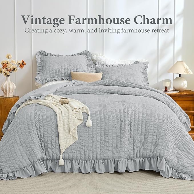 JOLLYVOGUE Light Grey Twin Size Comforter Set, 2 Pieces Seersucker Lightweight Fluffy Bedding Set, Twin Ruffle Comforter, All Season Soft Microfiber Shabby Chic Bed Set