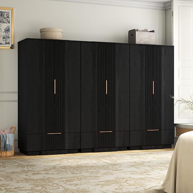 Yechen 67" Fluted Armoire Wardrobe Closet Set of 3 with Doors and Drawer, Wooden Wardrobe Closet Cabinet with Adjustable Shelve, Modern Small Armoires Storage Clothes, Coats for Bedroom, Black, 3pcs
