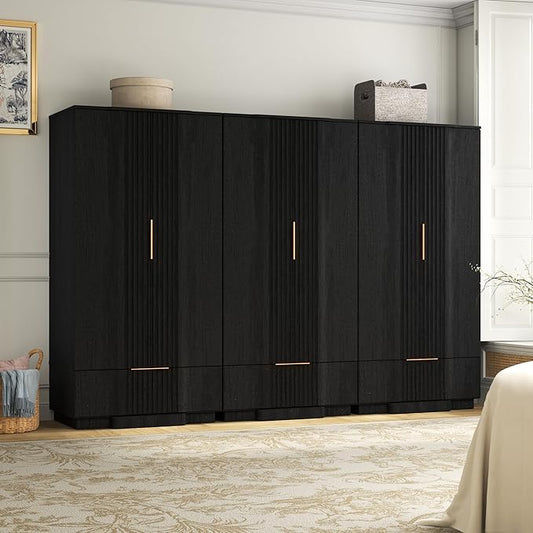 Yechen 67" Fluted Armoire Wardrobe Closet Set of 3 with Doors and Drawer, Wooden Wardrobe Closet Cabinet with Adjustable Shelve, Modern Small Armoires Storage Clothes, Coats for Bedroom, Black, 3pcs