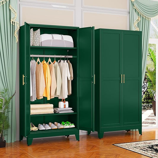 GAIOUS Metal Wardrobe Cabinet with Hanging Rod, 71" Metal Clothing Storage Cabinets with 2 Doors and Adjustable Shelves, Green Armoire Wardrobe Closet for Bedroom, Laundry Room, Cloak Room